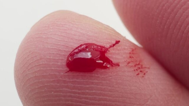Blood oozes from cut finger, close-up.