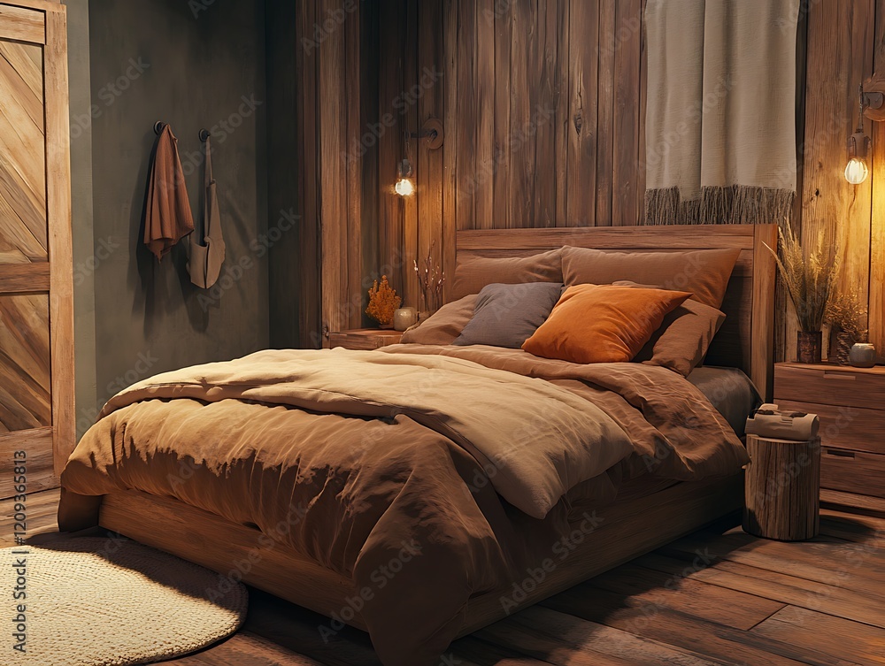 Sticker Earth-toned wooden bedroom with a mix of brown and gray hues, soft bedding, and natural wood furniture,