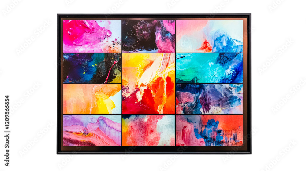 Aufkleber vibrant abstract artwork display featuring colorful fluid art compositions in a gallery isolated on 