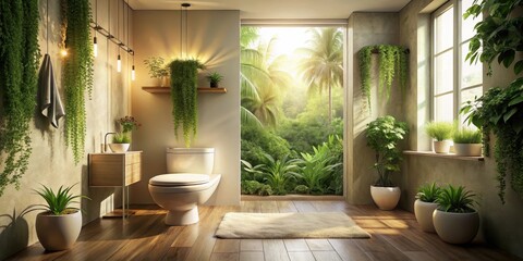 Serene Bathroom Oasis Lush Greenery and Natural Light Enhance Tranquil Relaxation