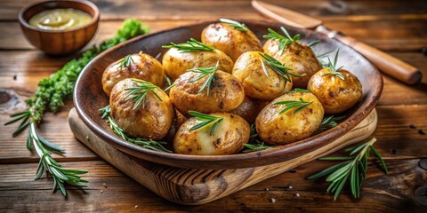 Aromatic Roasted Potatoes with Rosemary and a Side of Creamy Sauce in a Rustic Wooden Bowl