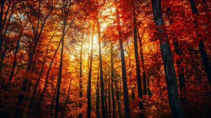 A vibrant autumn forest with leaves in shades of red, orange, and yellow