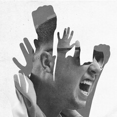 Young man passionately shouting with multiple hands raising symbolizing unity, protest. Layered...