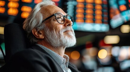 Obraz premium A thoughtful senior man sits in front of stock market screens, reflecting on financial decisions, conveying a sense of calm and experience.