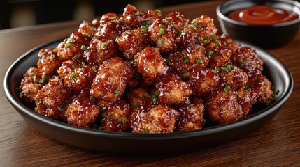  "Crispy Chicken Nuggets with Ketchup on Wooden Table: A Tempting Dark Background Delight"