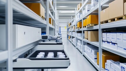 Obraz premium A robotic assistant managing high-efficiency sorting of medical supplies in a clean, advanced logistics center, modern and organized environment with a focus on medical logistics