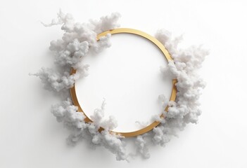 Abstract minimalist geometric wallpaper. Flowing white smoke around the gold round frame isolated on white background