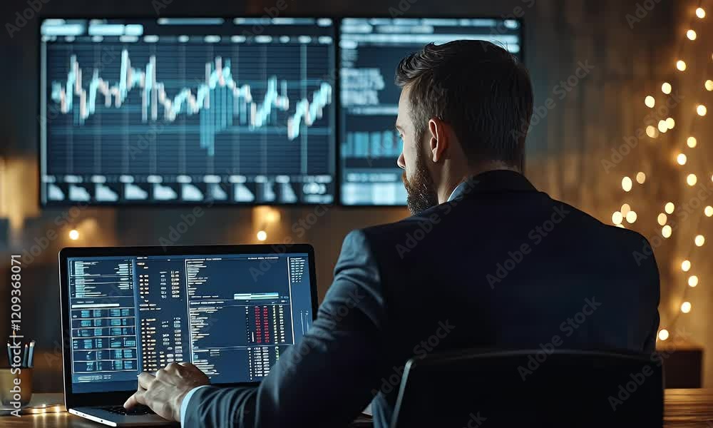Poster trader analyzing stock market data on laptop and monitors at night