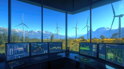 Obraz premium futuristic wind turbines farm or wind power plant with Scada system computer screen monitoring at operator controller engineer room.