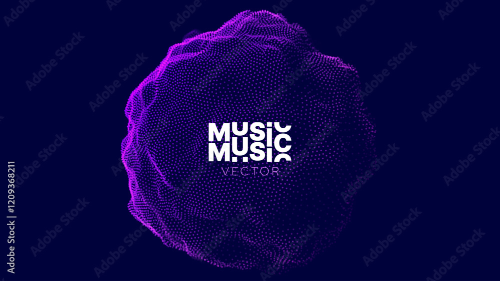 Poster Abstract Deformed 3D Sphere. Bright Glowing Radial or Circular Digital Equalizer. 3D Illuminated Distorted Sphere of Glowing Particles and Lines. Visualization of Voice, Music Playback. Vector.