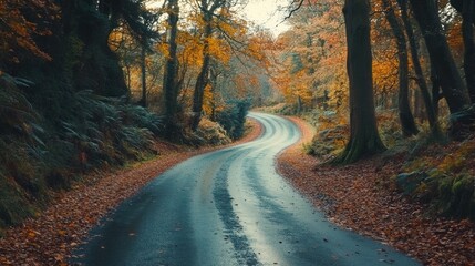 Obraz premium A winding road through vibrant autumn trees, showcasing nature's beauty and tranquility.