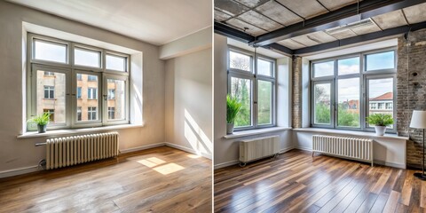 Before and After Room Renovation Sunlight Streaming Through Large Windows in a Room with Hardwood Floors and a Radiator