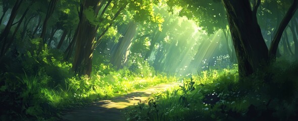 Sunlit path through lush green forest. (6)