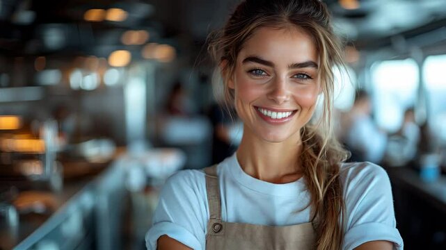 Joyful barista serving coffee with a warm smile at a bustling cafe in the city center during morning hours