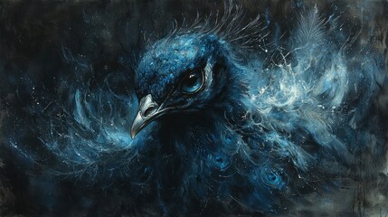 Dark blue peacock portrait, artistic painting.
