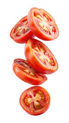 flying tomato slices isolated on transparent white background, clipping path