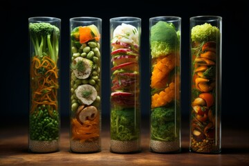 Fototapeta premium Five test tubes filled with chopped vegetables, creating a colorful and healthy display on a wooden table