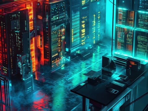 Cyberpunk Server Room: Neon Glows and Digital Dreams