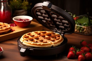 Round waffle just baked in a waffle iron, ready for breakfast with strawberries and jam