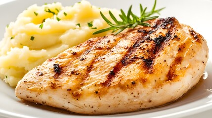 Grilled Chicken Breast Served with Creamy Mashed Potatoes and Fresh Herbs on a White Plate