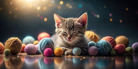 Serene Kitten Amidst a Colorful Array of Yarn Balls, Basking in Gentle Light