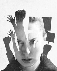Close-up of woman with determined expression and silhouettes of raised fists and protest placards....