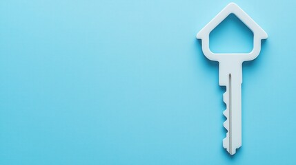 a house-shaped key on a blue background, representing the concept of home ownership and real estate
