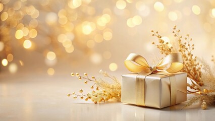 A Luxurious Golden Gift Box Adorned with Elegant Festive Branches Amidst a Shimmering Background of Warm Lights