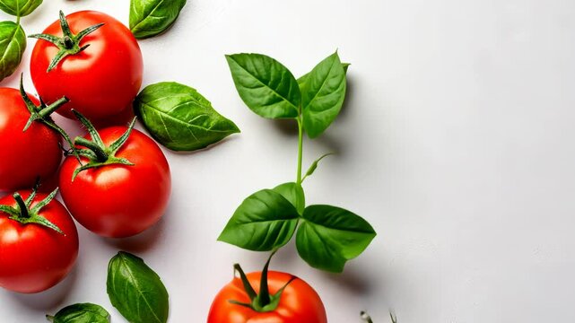 Close up of four ripe red tomatoes and a leafy green basil leaf. The tomatoes are arranged in a row, with the leafy green basil leaf in between them. Concept of freshness and natural beauty