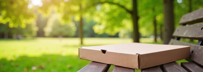 Pizza box on wooden bench in a sunny park