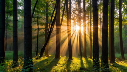 Fototapeta premium Dense forest at dawn, sun rays breaking through the tree crowns