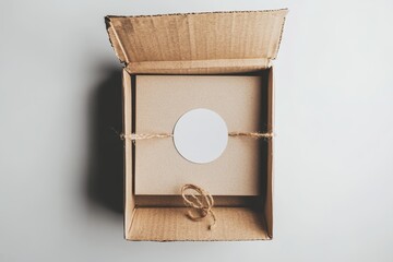 Open cardboard box with kraft paper package tied with twine and a blank circular label.