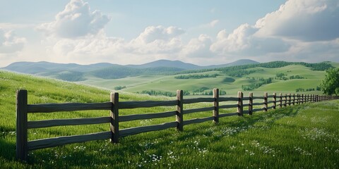 Long Wooden Fence Dividing Lush Green Pastures Under Clear Blue Sky With Rolling Hills in the Background