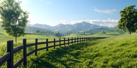 Long Wooden Fence Dividing Lush Green Pastures Against a Scenic Mountain Background in Bright Daylight