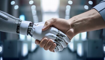 A close-up of a robotic hand shaking hands with a human hand, symbolizing collaboration between humans and technology, set against a clean, neutral background.