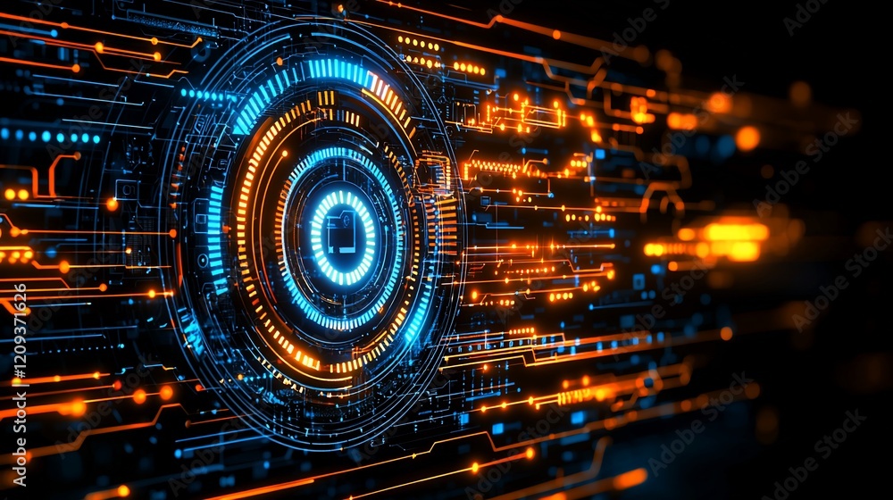 Leinwandbilder abstract futuristic technology background with glowing circuit board and central interface.