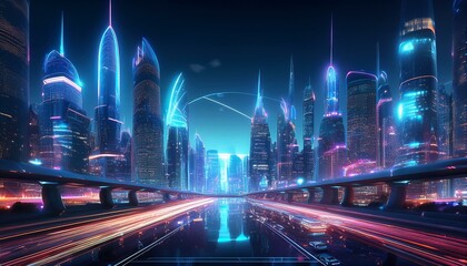 Fototapeta premium A futuristic cityscape with glowing skyscrapers, autonomous vehicles, and holographic displays lighting up the night sky.