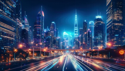 Fototapeta premium A futuristic cityscape with glowing skyscrapers, autonomous vehicles, and holographic displays lighting up the night sky.