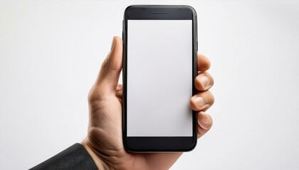 A hand holding a smartphone with a blank screen, isolated on a white background.