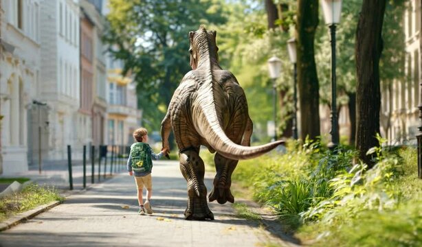 Ein Junge mit Schulrucksack wird von einem Dinosaurier zur Schule begleitet, A boy with a school backpack is accompanied to school by a dinosaur