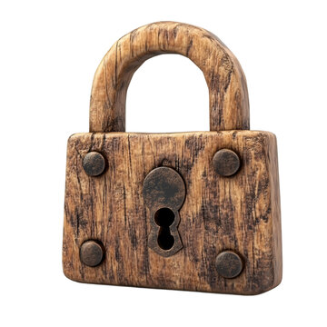 Old wooden padlock isolated on transparent background