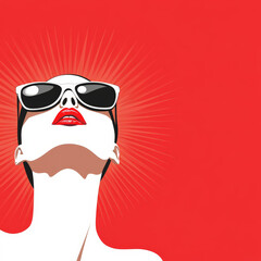 Stylized Retro Woman with Sunglasses and Bold Red Lips on Red Background