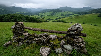 Rolling green hills, stone fence, misty mountains.  Perfect for travel brochures
