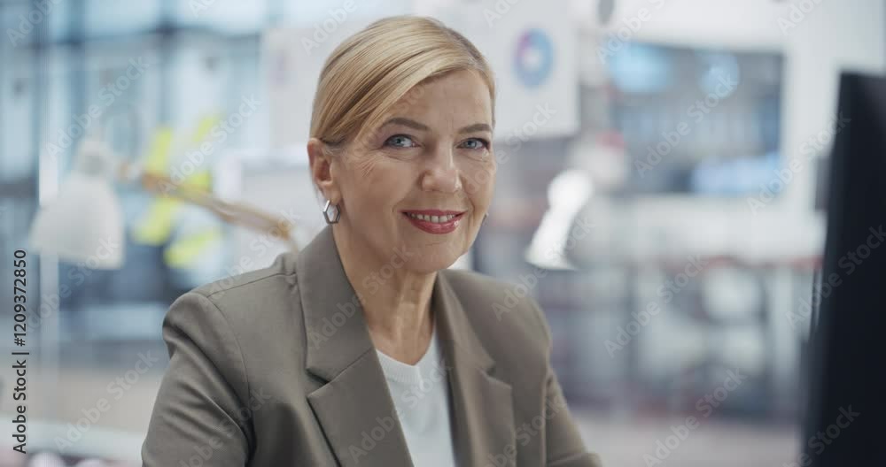 Poster modern office: portrait of an adult businesswoman working on desktop computer, turning to look at ca