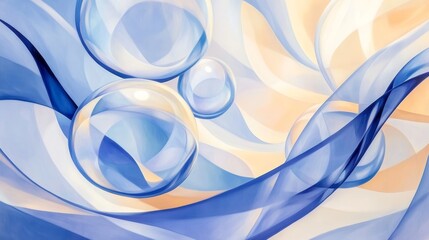 Fototapeta premium Abstract Harmony of Blue and Beige with Translucent Bubbles and Flowing Lines