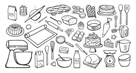 Set of hand drawn various baking tools and ingredients isolated on white background. Simple cooking clip art