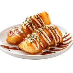 Oozing sauce over tempura, isolated on a white background, decadent and tempting. cutout png