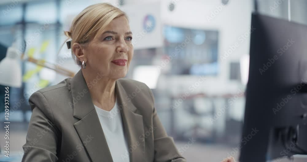 Poster portrait of an adult manager reviewing sales reports on desktop computer. she is working with busine