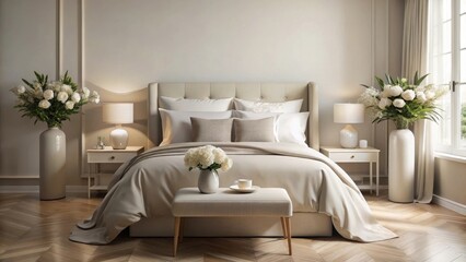 Serene Bedroom Decor Elegant Neutral Tones, Plush Bedding, and Delicate Floral Arrangements Create a Peaceful and Luxurious Atmosphere