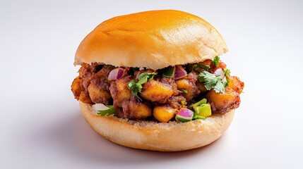 Deliciously crafted sandwich featuring crispy potato filling, garnished with fresh herbs and onions